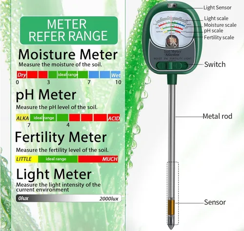 Vista 5 de Probador de Suelo, Medidor de Humedad del Suelo/Medidor de pH del Suelo/Luz Solar/Fertilidad para Jardinería, Probador de pH de Suelo de Dial