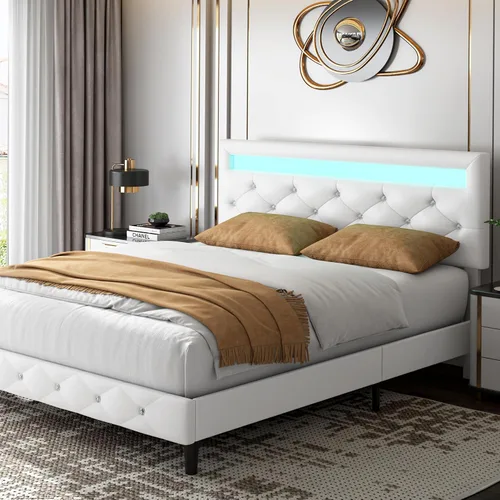 Vista 9 de TTVIEW Base de cama Queen con luces LED, marco de cama de plataforma de cuero con cabecera tapizada ajustable, luces LED de control de aplicación