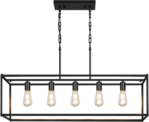 Vista 16 de Lámpara colgante estilo granja, luces colgantes negras para isla de cocina, luz colgante de metal industrial y madera vintage, lámpara de techo
