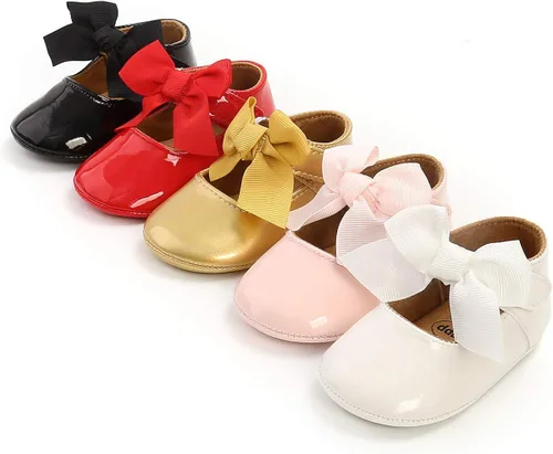 Vista 5 de BEBARFER Zapatos para bebés y niñas, Mary Jane con nudo de lazo plano y suela antideslizante para niños pequeños
