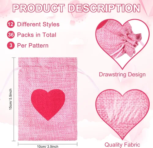 Vista 4 de 36 bolsas de arpillera de corazón para el día de San Valentín, 4 x 6 pulgadas, con cordón, pequeñas bolsas de joyería de lino, bolsas con cordón