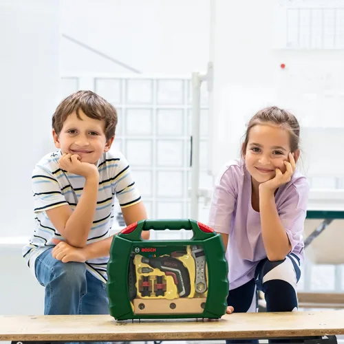 Vista 2 de Klein Theo 8394 Bosch Ixolino Case I con martillo, llave inglesa y mucho más I Destornillador inalámbrico Ixolino a batería I Juguete para niños