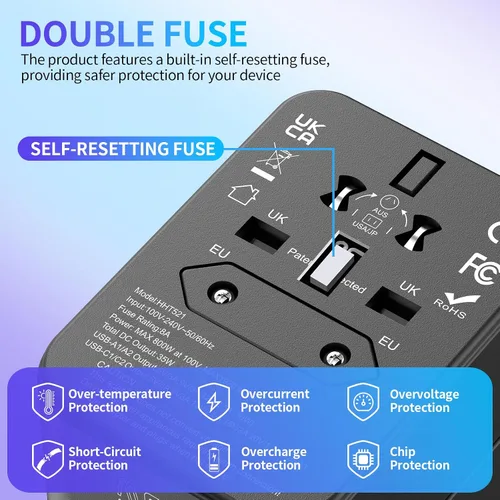 Vista 5 de Adaptador de viaje universal de carga rápida de 35 W todo en uno con 4 puertos (2 USB-C + 2 USB-A) - Convertidor de enchufe mundial para EE. UU.