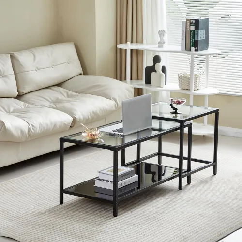 Vista 10 de Mesa de centro de cristal de metal negro, mesa de centro simple para sala de estar, hogar, mesa de centro con marco de metal con 2 estantes, mesa