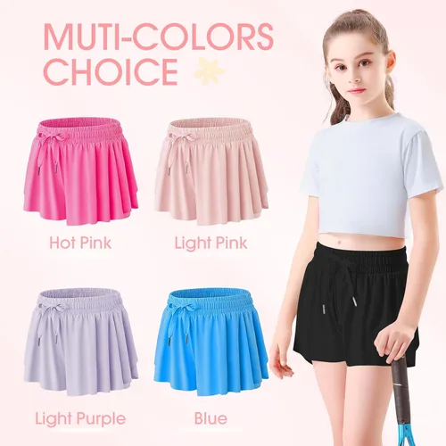 Vista 4 de Paquete de 2 pantalones cortos deportivos de mariposa para niñas, pantalones cortos fluidos para niños con bolsillo 2 en 1, pantalones cortos