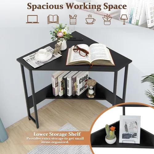 Vista 4 de COSTWAY Escritorio esquinero para computadora, con puertos USB y toma de corriente, estante de almacenamiento para espacios pequeños, escritorio
