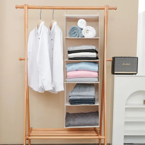 Vista 7 de Organizador colgante grande para suéteres para armario, con 6 estantes colgantes plegables y cajones, lavable (Beige - 5 estantes)