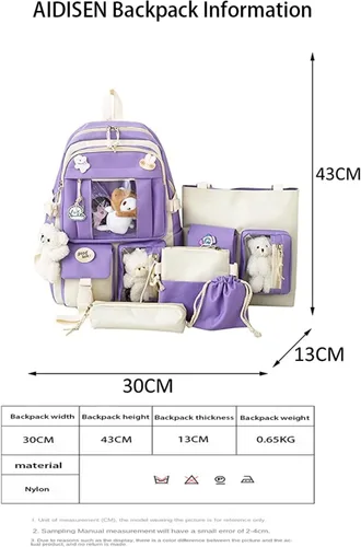 Vista 2 de Mochila Kawaii de 5 piezas, bolsa deportiva estética de 17 pulgadas con bonita mochila, bolsa de hombro, caja de lápices, bolsa de mano, bolsa