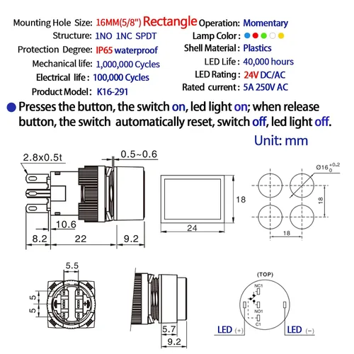 Vista 2 de Interruptor de botón rectangular de 0.630 in, contacto plateado, certificado UL con luz de 24 V CC SPDT de 5 pines de encendido/apagado con cable