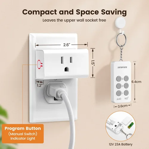 Vista 2 de SURAIELEC Toma de corriente con control remoto, interruptor de luz inalámbrico, 3 tomas + 1 control remoto, 15 amperios, rango de 100 pies, sin