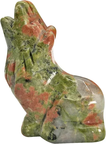 Vista 5 de Estatuas de lobo aullador de piedra de aventurina verde, 2 pulgadas, tallada a mano, animales sentados, lobos sentados, escultura de cristal curativo