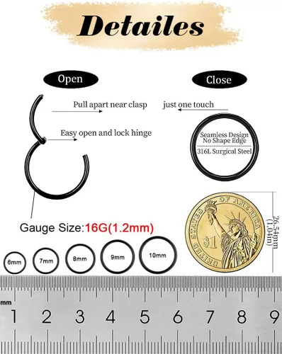 Vista 2 de Nose Rings Hoop and Nose Studs Sets for Women Men,Hypoallergenic 316L Surgical Stainless Steel Hinged Clicker Segment Nose Rings Hoop Helix