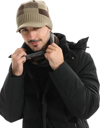 Vista 7 de HH HOFNEN Conjunto de bufanda de invierno para hombres y mujeres, visera de punto, cálido, grueso, forro polar, calentador de cuello para exteriores
