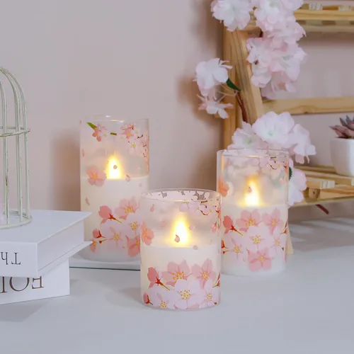Vista 5 de Velas de cristal sin flama parpadeantes con control remoto y temporizador, flores de cerezo LED, cera real operadas por batería, juego de 3 velas