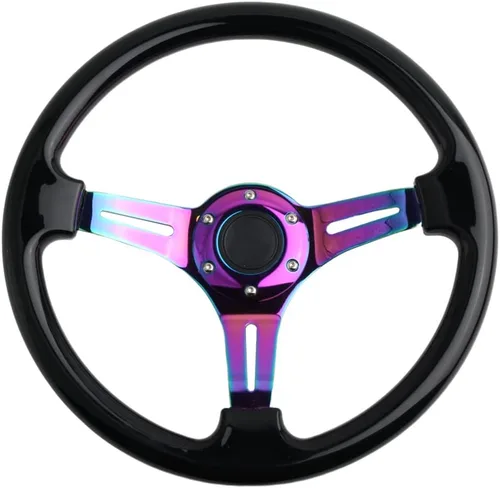 Vista 2 de Volante de Carreras de Coche de 6 Pernos Marco de Radios Neo Cromado Arcoíris Volante Universal de Posventa Compatible con Coche y Juego