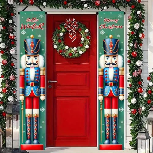 Vista 2 de BlissYard Estandartes de Porche Navideños de Cascanueces 12×71 Pulgadas Hola Invierno Feliz Navidad Decoraciones de Puerta Estandarte de Soldado