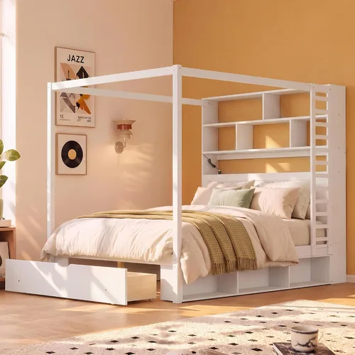 Vista 33 de Cama de plataforma con dosel de 4 pósteres de tamaño matrimonial con cabecero de listones verticales Negro-8.1