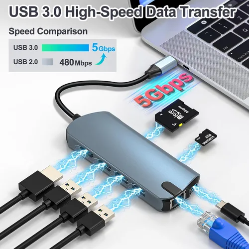 Vista 5 de Adaptador USB C Hub 8 en 1 Ethernet 4K HDMI para portátiles 4K @60Hz HDMI, 100W PD, 3x USB 3.0, 1Gbps Ethernet, lector SD/TF, para Mac/iPad/PC
