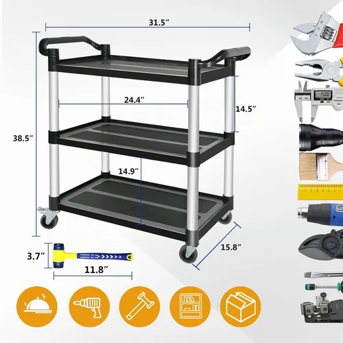 Vista 5 de Carros utilitarios de plástico con ruedas, carrito de restaurante de 3 niveles, carrito de servicio de alimentos resistente 420 libras, carrito
