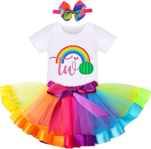 Vista 10 de IBAKOM Conjunto de ropa de 3 piezas para bebé niña de 1er cumpleaños + tutú de tul de princesa arcoíris + diadema con lazo, conjunto de ropa de 3