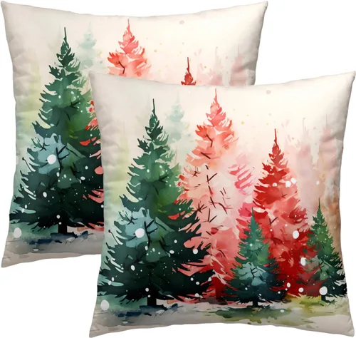Vista 36 de Fundas de Almohada de Bosque de Pinos 22x22 Juego de 2, Fundas de Almohada Decorativas de Árboles de Abeto y Cedro Verde Nieve Beige de Invierno