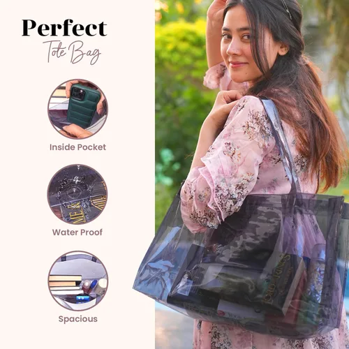 Vista 2 de Plastic Tote Bag, Durable PVC Transparent Bag with Reinforced Handles, Waterproof Vinyl