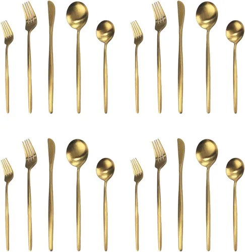 Vista 7 de Juego de cubiertos de 5 piezas, Uniturcky, de acero inoxidable negro y dorado, utensilios para comer con cuchillo, tenedor, cuchara para el hogar