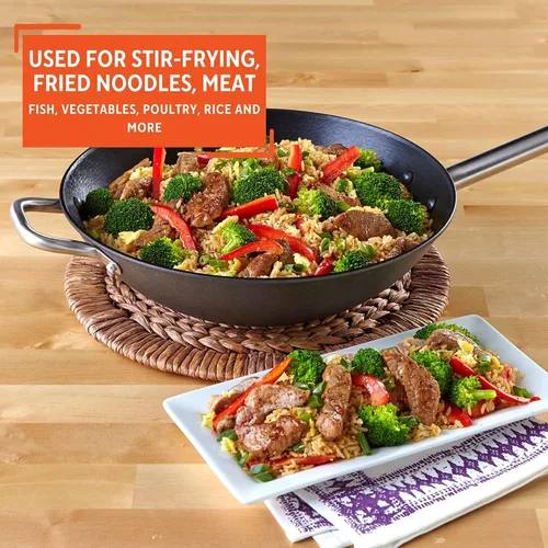 Vista 6 de Imusa LCI-19008 USA - Wok de hierro fundido ligero de 14 pulgadas, antiadherente, con asas de acero inoxidable, utensilios de cocina, color negro
