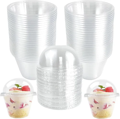Vista 8 de Rainmae Paquete de 100 tazas de postre con tapas, vasos de plástico desechables apilables con tapas planas, tazas de helado de 10.1 fl oz/10 onzas