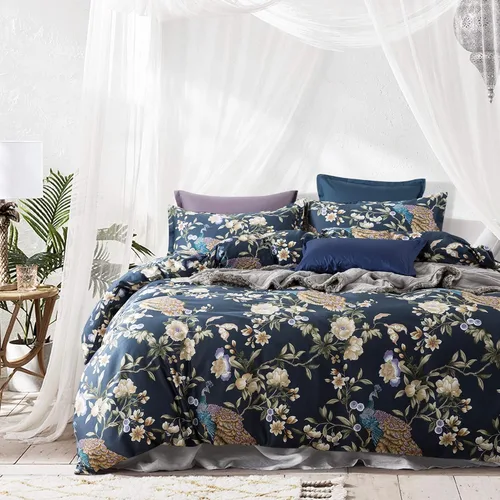 Vista 7 de Eikei - Funda de edredón floral con pavo real majestuoso de jardín oriental Estilo asiático elegante Chinoiserie Árboles en flor, vides y ramas