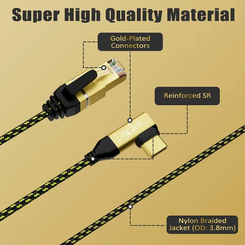 Vista 4 de Cable USB C a Ethernet de 1 pie, cable tipo C a RJ45 de 90 grados, cable de Internet de 1 Gbps, cable trenzado de nailon delgado, conectado