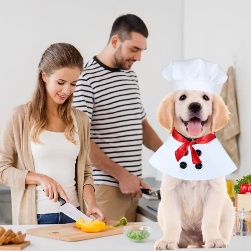 Vista 5 de GOYOSWA Disfraz de Halloween para perro, disfraz de chef para perro, ropa con gorro de chef con bufanda roja, ropa divertida para vacaciones