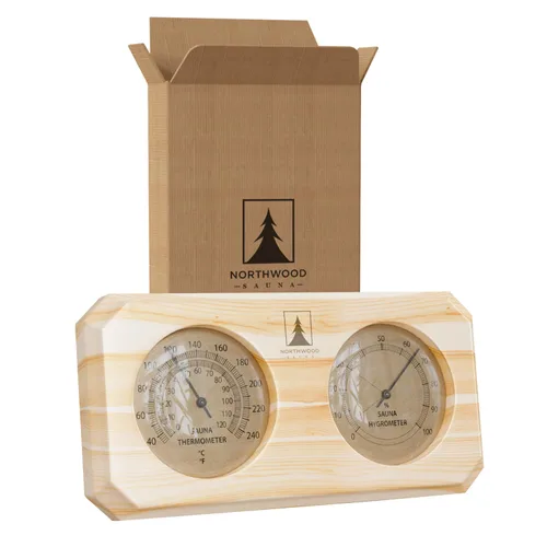 Vista 7 de Northwood Sauna - Termómetro e higrómetro de sauna 2 en 1 - Fahrenheit y Celsius - Hecho a mano con madera de cedro rojo canadiense - Lujosos diales