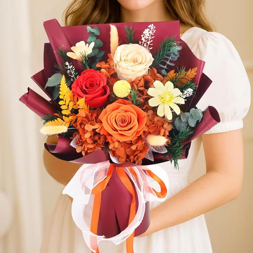 Vista 5 de Flores preservadas para entrega, ramo de flores naranjas frescas con caja de regalo, regalos de rosas eternas para mujeres, mamá, esposa en Navidad