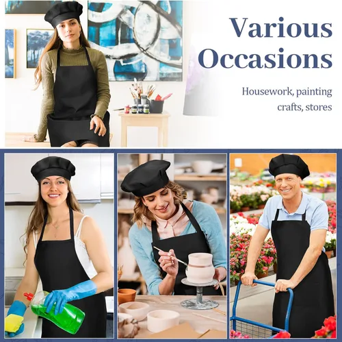 Vista 7 de SATINIOR Juego de 8 delantales de chef, sombrero de chef ajustable y delantal con bolsillos para adultos, mujeres y hombres cocineros