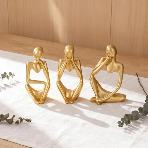 Vista 9 de Estatua abstracta dorada de pensador de 3 piezas, escultura de resina hecha a mano, escritorio de oficina moderno, decoración del hogar