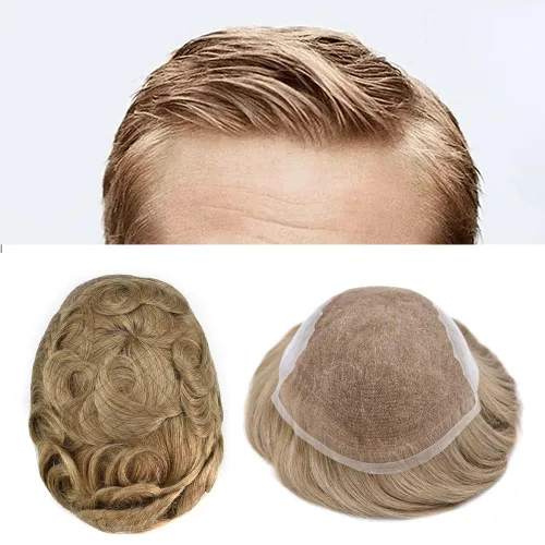 Vista 87 de Mens Toupee Swiss Lace Mens Hair Piece Sistema de reemplazo de cabello para hombres Toupee para hombres Cabello humano nudo blanqueado protesis