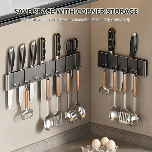 Vista 8 de Colgador de utensilios de cocina: soporte para colgar en pared, 7 ganchos, sin taladrar para cocina, despensa, baño, sala de estar de 15.75 pulgadas
