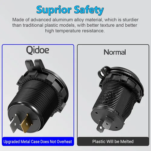 Vista 5 de [Carcasa de metal] Salida USB de 12 V Dual QC 3.0: Qidoe Enchufe de aluminio de 12 voltios para motocicleta con interruptor de botón voltímetro LED