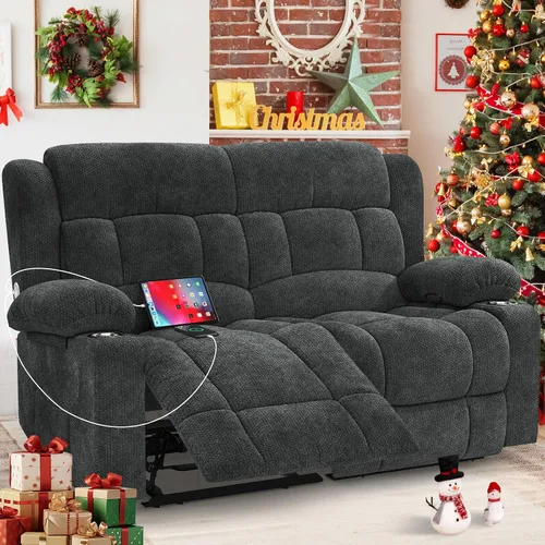 Vista 29 de Juego de sofá reclinable loveseat con 2+1 piezas, 2 plazas estilo minimalista reclinable manual con tirador, loveseat con puertos de carga USB