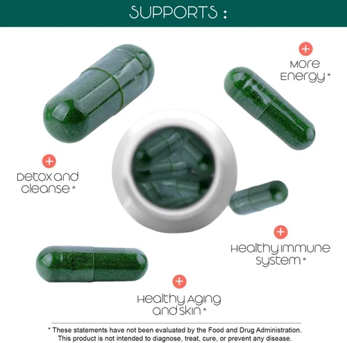 Vista 4 de Teaveli Paquete de cápsulas de Spirulina Chlorella y jugo de hierba de cebada en polvo