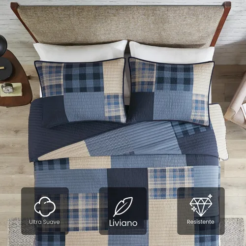 Vista 3 de Woolrich - Juego de edredón reversible de algodón, estilo cabaña invertido a color sólido, colcha ligera de retazos para todas las estaciones