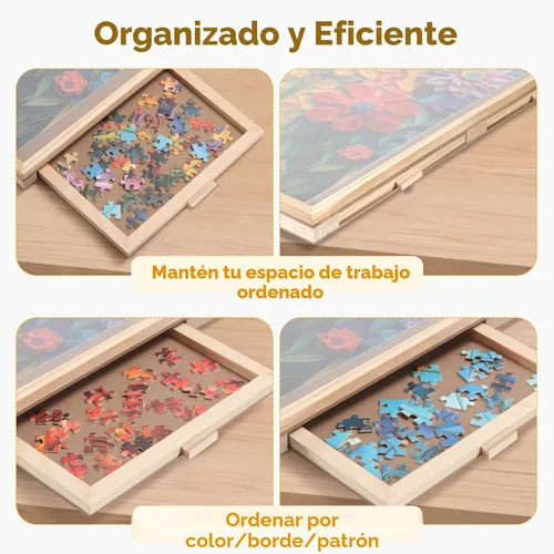 Vista 7 de Tabla giratoria de rompecabezas de 2000 piezas con 4 cajones, mesa de rompecabezas de madera portátil de 40.16 x 28.5 pulgadas con cubierta Madera