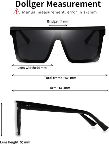 Vista 5 de Dollger - Lentes de sol cuadrados extragrandes para mujer y hombre, de moda, armazón negro con parte superior plana