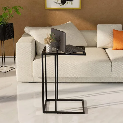 Vista 7 de Mesa auxiliar en forma de C, mesa auxiliar pequeña para sofá, mesa auxiliar de vidrio templado con marco de metal para espacios pequeños, sala