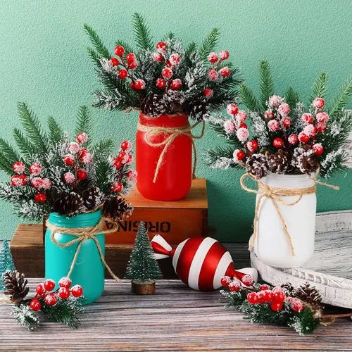 Vista 4 de Juego de 6 tarros Mason para centros de mesa de Navidad con ramas de pino, conos de pino, bayas, tarros decorativos de boca ancha para el hogar