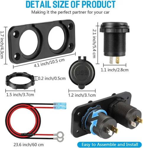 Vista 6 de [Actualizado] Divisor de toma de corriente para encendedor de cigarrillos, carga rápida 3.0 cargador USB con LED, toma de corriente USB de 12 V