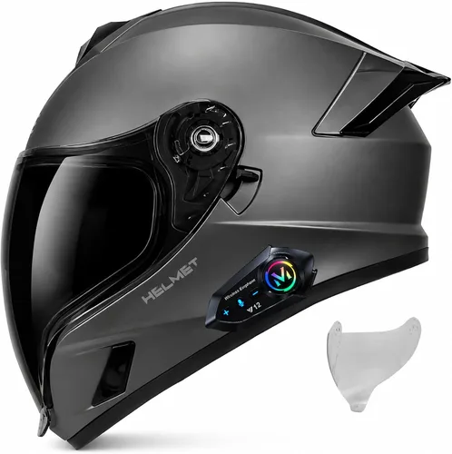 Vista 8 de Casco integral Bluetooth para motocicleta aprobado por DOT, casco modular para motocicleta con visera solar incorporada, puertos de ventilación
