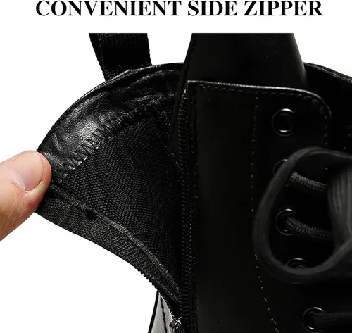 Vista 5 de Botas de combate con plataforma de charol negro para hombre, puntera ancha, con cordones, suela con cremallera lateral, antideslizantes, botas