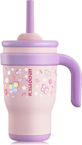 Vista 19 de KXIAOCHEN Vaso para niños de 14 onzas con asa para evitar derrames, vaso aislado reutilizable de acero inoxidable para niños pequeños, mantiene